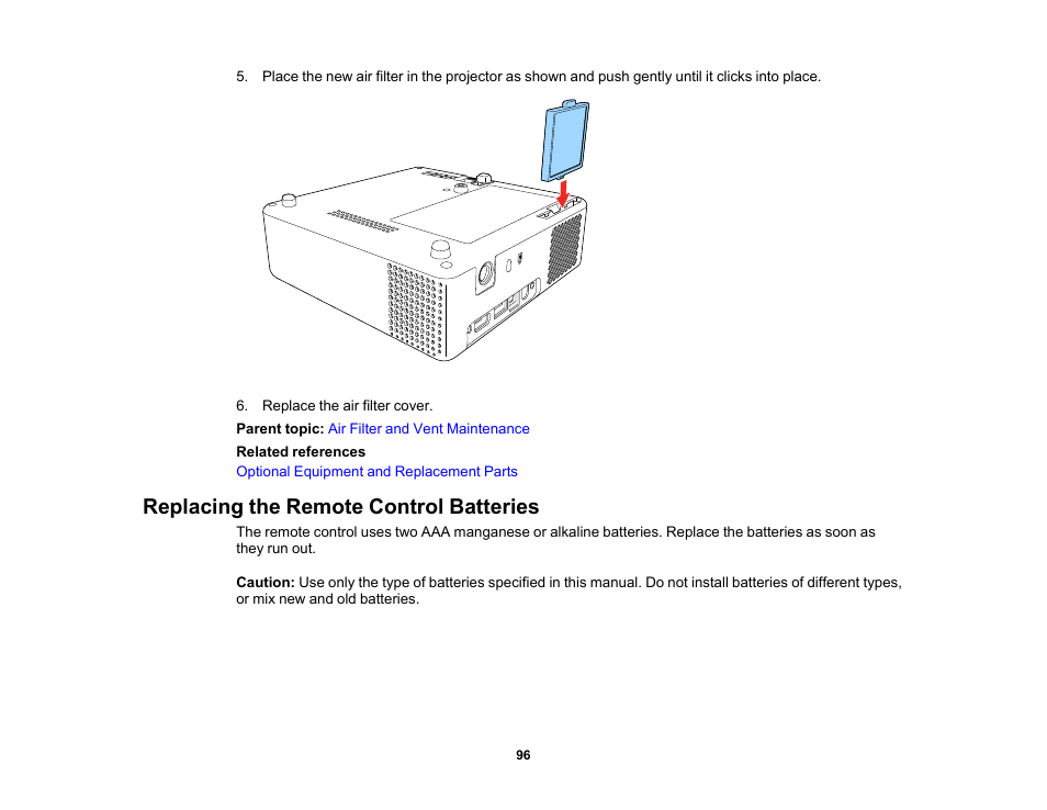 Replacing the remote control batteries | Epson EpiqVision Mini EF11 1000-Lumen Full HD Laser 3LCD Projector User Manual | Page 96 / 138