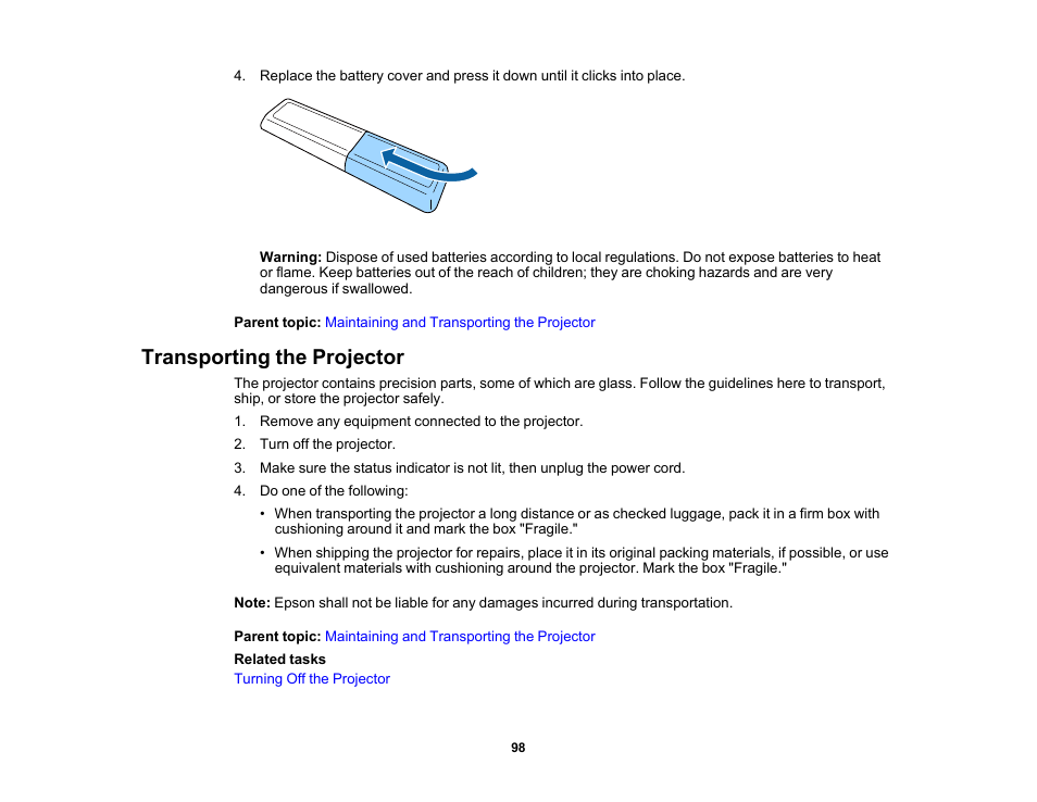 Transporting the projector | Epson EpiqVision Mini EF11 1000-Lumen Full HD Laser 3LCD Projector User Manual | Page 98 / 138