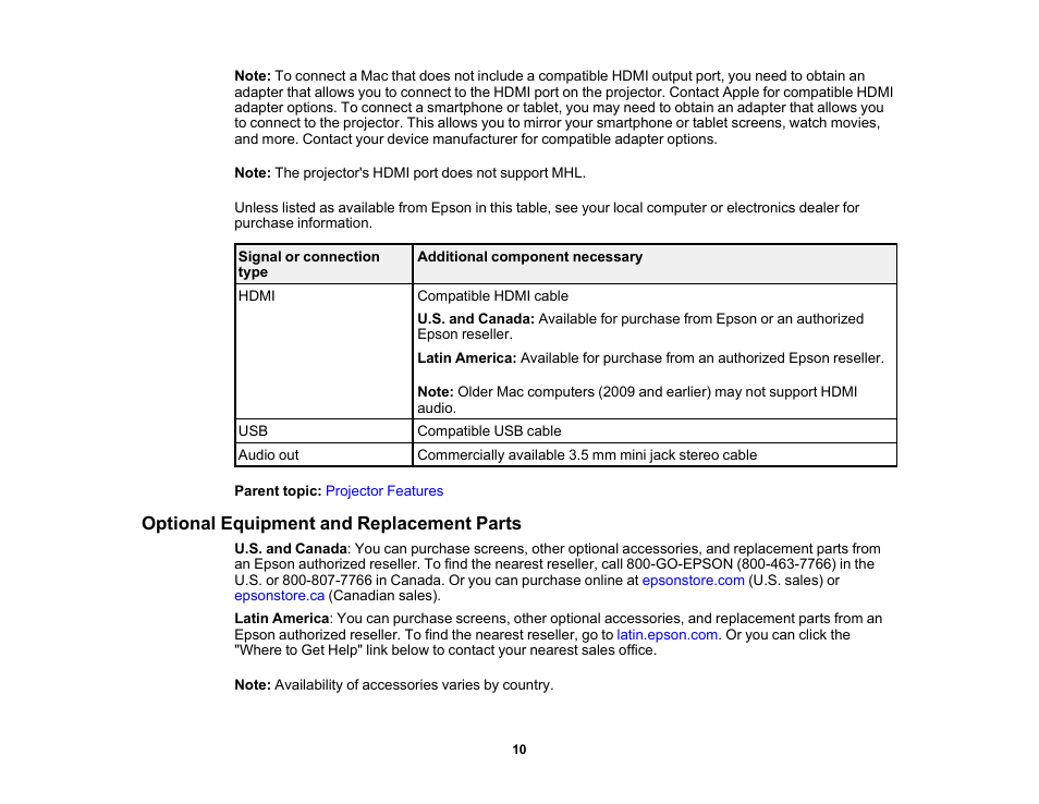 Optional equipment and replacement parts | Epson EpiqVision Mini EF12 1000-Lumen Full HD Laser 3LCD Smart Projector with Wi-Fi User Manual | Page 10 / 120