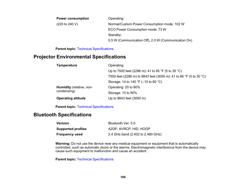 Projector environmental specifications, Bluetooth specifications | Epson EpiqVision Mini EF12 1000-Lumen Full HD Laser 3LCD Smart Projector with Wi-Fi User Manual | Page 100 / 120