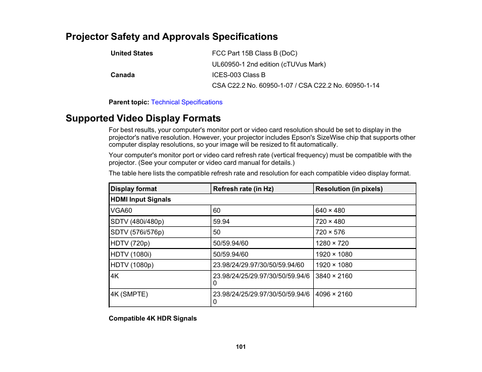 Projector safety and approvals specifications, Supported video display formats | Epson EpiqVision Mini EF12 1000-Lumen Full HD Laser 3LCD Smart Projector with Wi-Fi User Manual | Page 101 / 120
