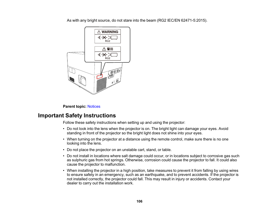 Important safety instructions | Epson EpiqVision Mini EF12 1000-Lumen Full HD Laser 3LCD Smart Projector with Wi-Fi User Manual | Page 106 / 120