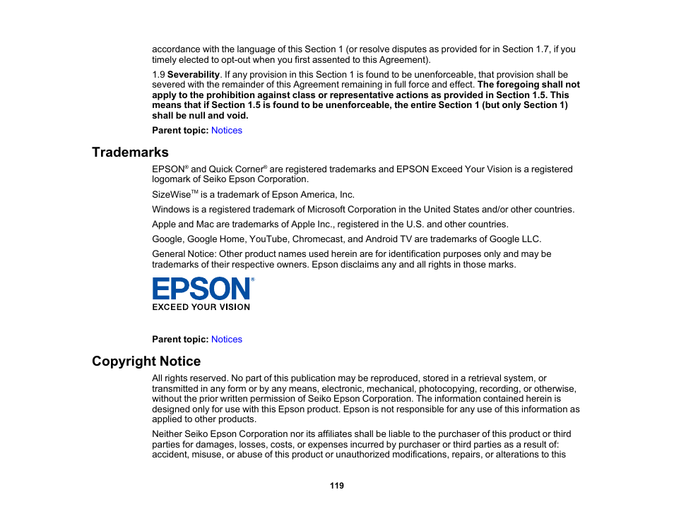 Trademarks, Copyright notice, Trademarks copyright notice | Epson EpiqVision Mini EF12 1000-Lumen Full HD Laser 3LCD Smart Projector with Wi-Fi User Manual | Page 119 / 120