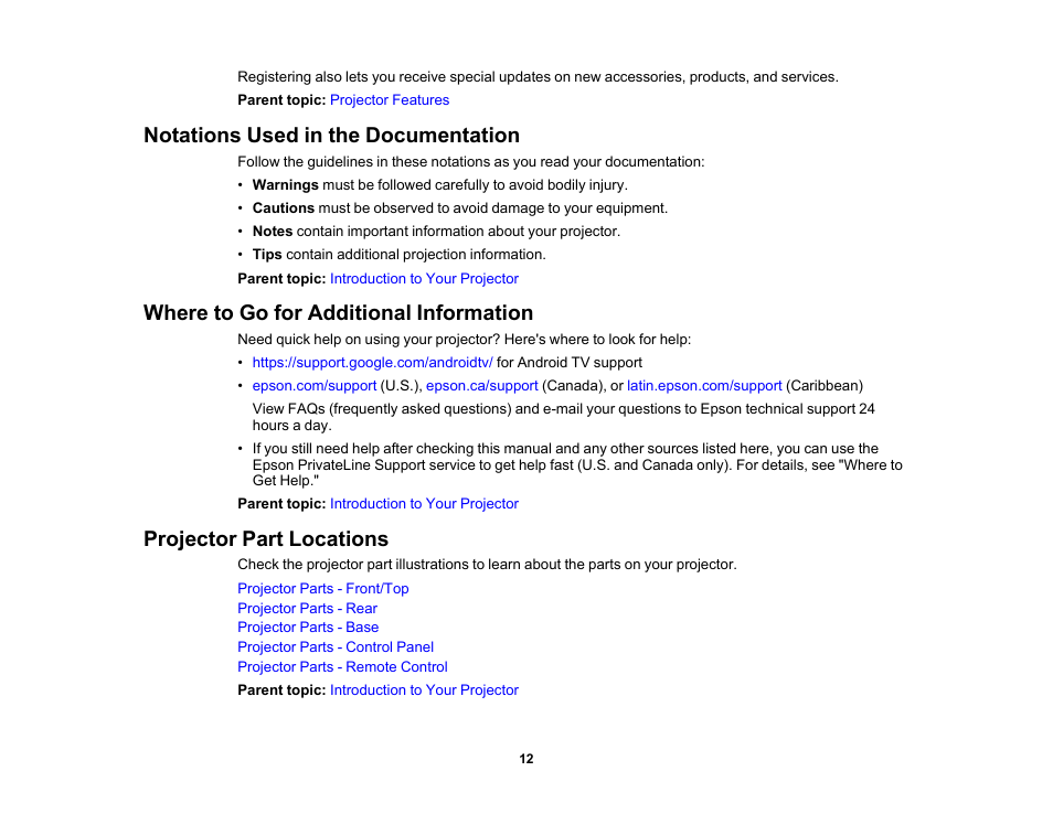 Notations used in the documentation, Where to go for additional information, Projector part locations | Epson EpiqVision Mini EF12 1000-Lumen Full HD Laser 3LCD Smart Projector with Wi-Fi User Manual | Page 12 / 120