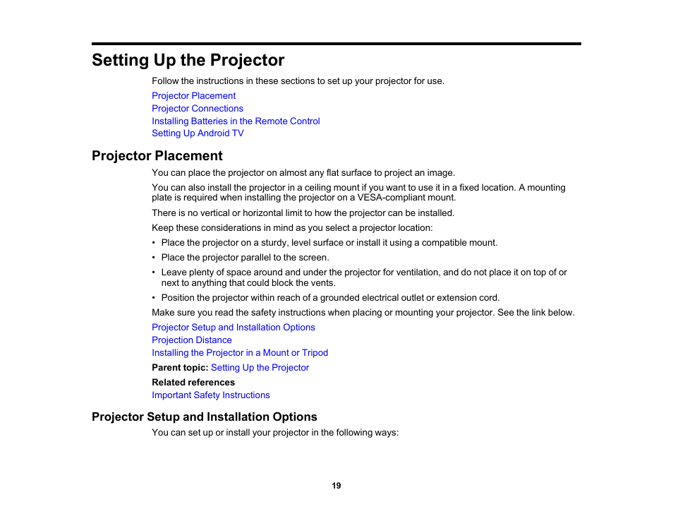 Setting up the projector, Projector placement, Projector setup and installation options | Epson EpiqVision Mini EF12 1000-Lumen Full HD Laser 3LCD Smart Projector with Wi-Fi User Manual | Page 19 / 120