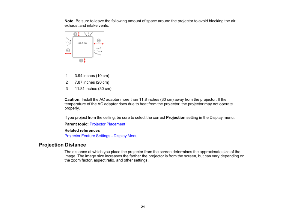 Projection distance | Epson EpiqVision Mini EF12 1000-Lumen Full HD Laser 3LCD Smart Projector with Wi-Fi User Manual | Page 21 / 120