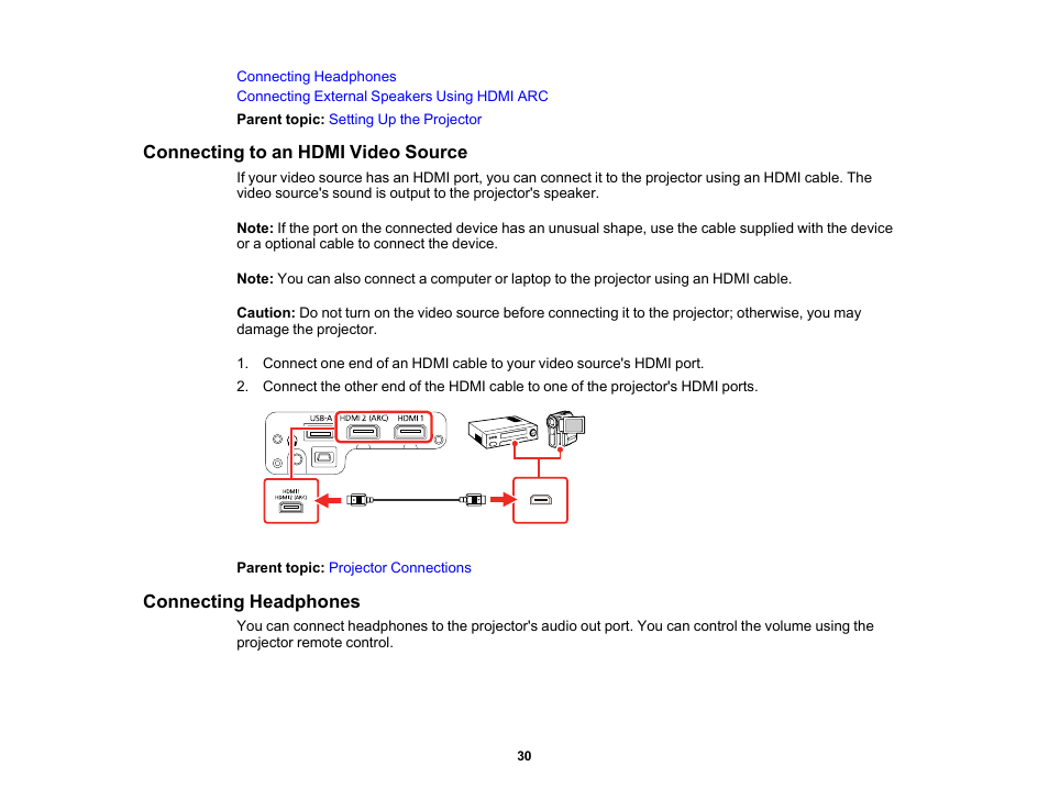 Connecting to an hdmi video source, Connecting headphones | Epson EpiqVision Mini EF12 1000-Lumen Full HD Laser 3LCD Smart Projector with Wi-Fi User Manual | Page 30 / 120