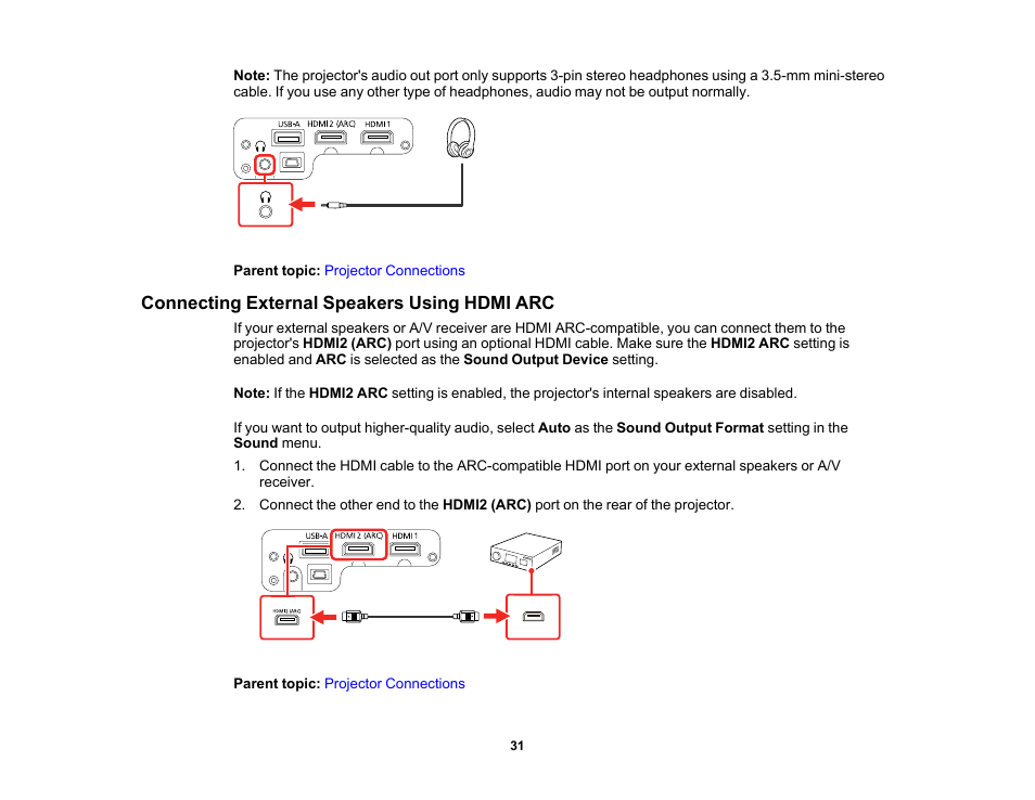Connecting external speakers using hdmi arc | Epson EpiqVision Mini EF12 1000-Lumen Full HD Laser 3LCD Smart Projector with Wi-Fi User Manual | Page 31 / 120