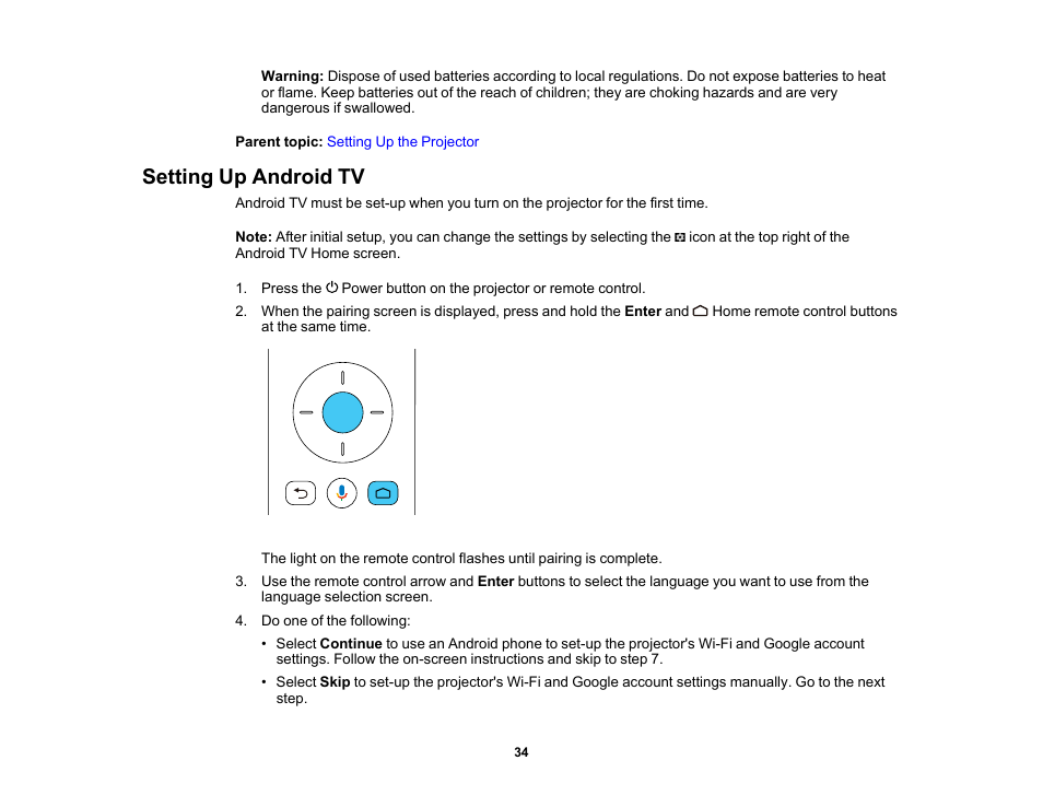 Setting up android tv | Epson EpiqVision Mini EF12 1000-Lumen Full HD Laser 3LCD Smart Projector with Wi-Fi User Manual | Page 34 / 120