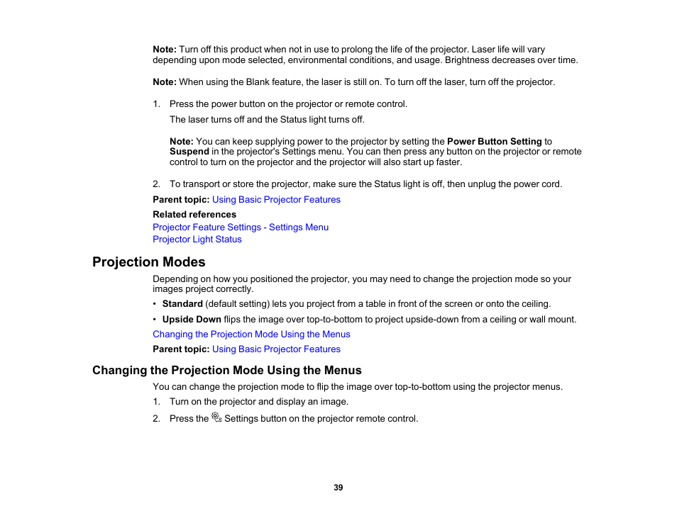 Projection modes, Changing the projection mode using the menus | Epson EpiqVision Mini EF12 1000-Lumen Full HD Laser 3LCD Smart Projector with Wi-Fi User Manual | Page 39 / 120
