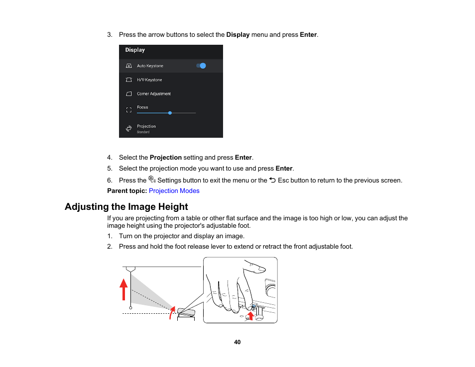 Adjusting the image height | Epson EpiqVision Mini EF12 1000-Lumen Full HD Laser 3LCD Smart Projector with Wi-Fi User Manual | Page 40 / 120