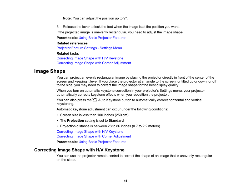 Image shape, Correcting image shape with h/v keystone | Epson EpiqVision Mini EF12 1000-Lumen Full HD Laser 3LCD Smart Projector with Wi-Fi User Manual | Page 41 / 120