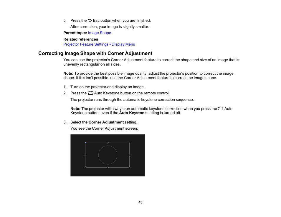 Correcting image shape with corner adjustment | Epson EpiqVision Mini EF12 1000-Lumen Full HD Laser 3LCD Smart Projector with Wi-Fi User Manual | Page 43 / 120