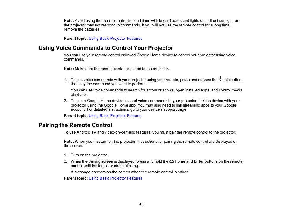 Using voice commands to control your projector, Pairing the remote control | Epson EpiqVision Mini EF12 1000-Lumen Full HD Laser 3LCD Smart Projector with Wi-Fi User Manual | Page 45 / 120
