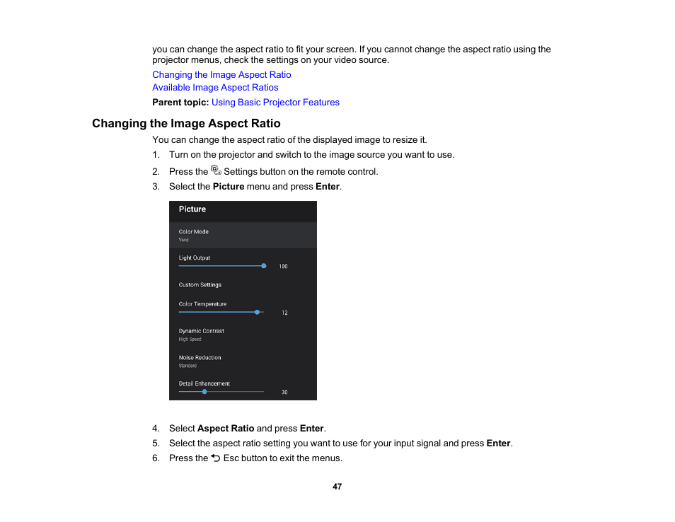 Changing the image aspect ratio | Epson EpiqVision Mini EF12 1000-Lumen Full HD Laser 3LCD Smart Projector with Wi-Fi User Manual | Page 47 / 120