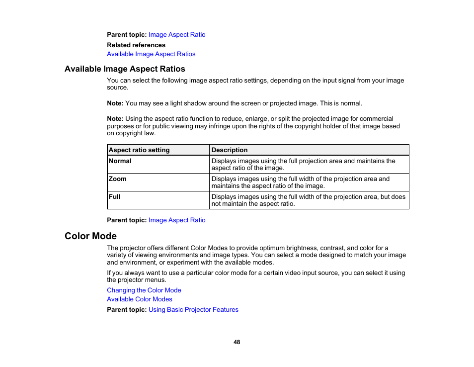 Available image aspect ratios, Color mode | Epson EpiqVision Mini EF12 1000-Lumen Full HD Laser 3LCD Smart Projector with Wi-Fi User Manual | Page 48 / 120