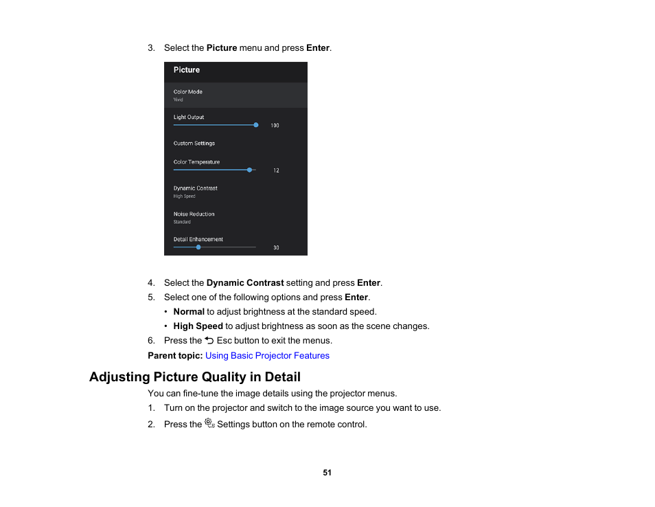 Adjusting picture quality in detail | Epson EpiqVision Mini EF12 1000-Lumen Full HD Laser 3LCD Smart Projector with Wi-Fi User Manual | Page 51 / 120