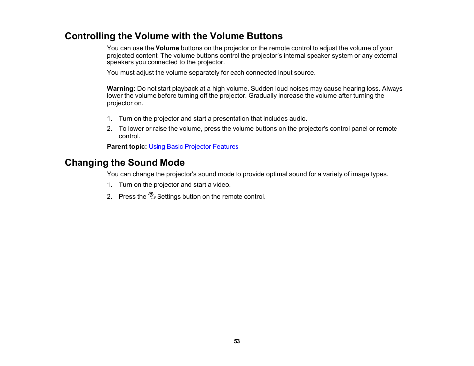 Controlling the volume with the volume buttons, Changing the sound mode | Epson EpiqVision Mini EF12 1000-Lumen Full HD Laser 3LCD Smart Projector with Wi-Fi User Manual | Page 53 / 120