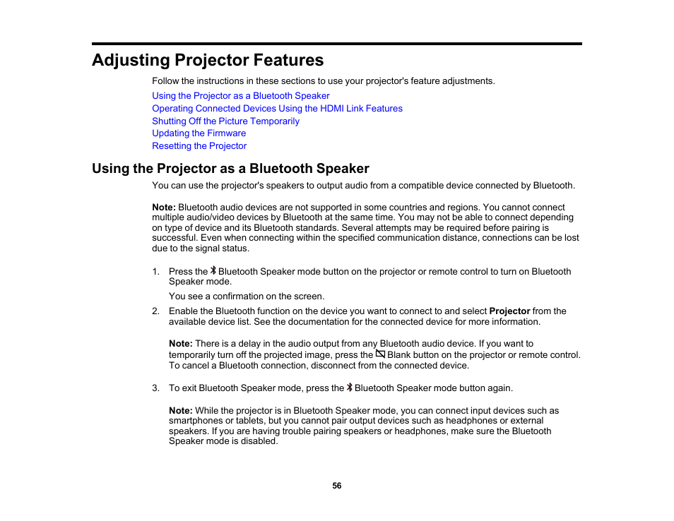 Adjusting projector features, Using the projector as a bluetooth speaker | Epson EpiqVision Mini EF12 1000-Lumen Full HD Laser 3LCD Smart Projector with Wi-Fi User Manual | Page 56 / 120