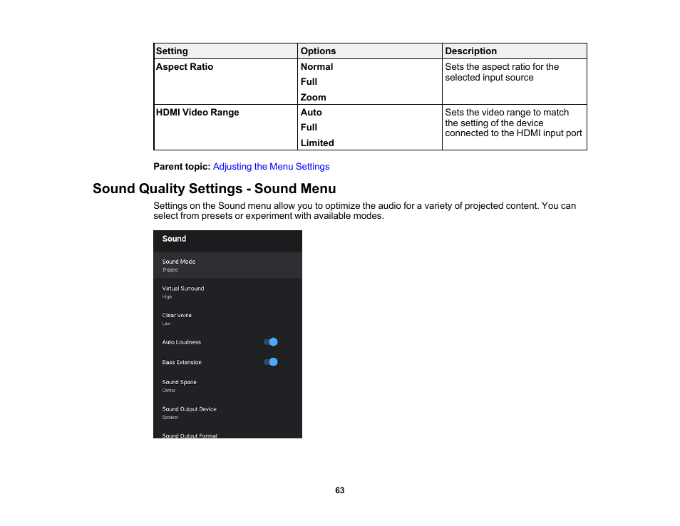 Sound quality settings - sound menu | Epson EpiqVision Mini EF12 1000-Lumen Full HD Laser 3LCD Smart Projector with Wi-Fi User Manual | Page 63 / 120