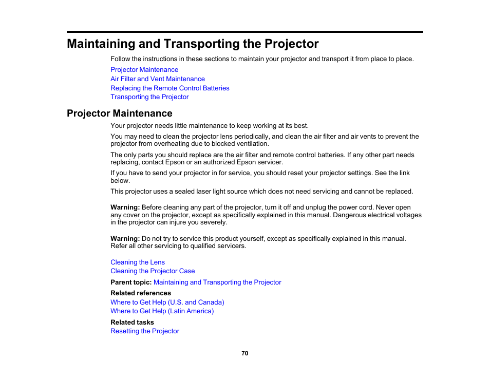 Maintaining and transporting the projector, Projector maintenance | Epson EpiqVision Mini EF12 1000-Lumen Full HD Laser 3LCD Smart Projector with Wi-Fi User Manual | Page 70 / 120