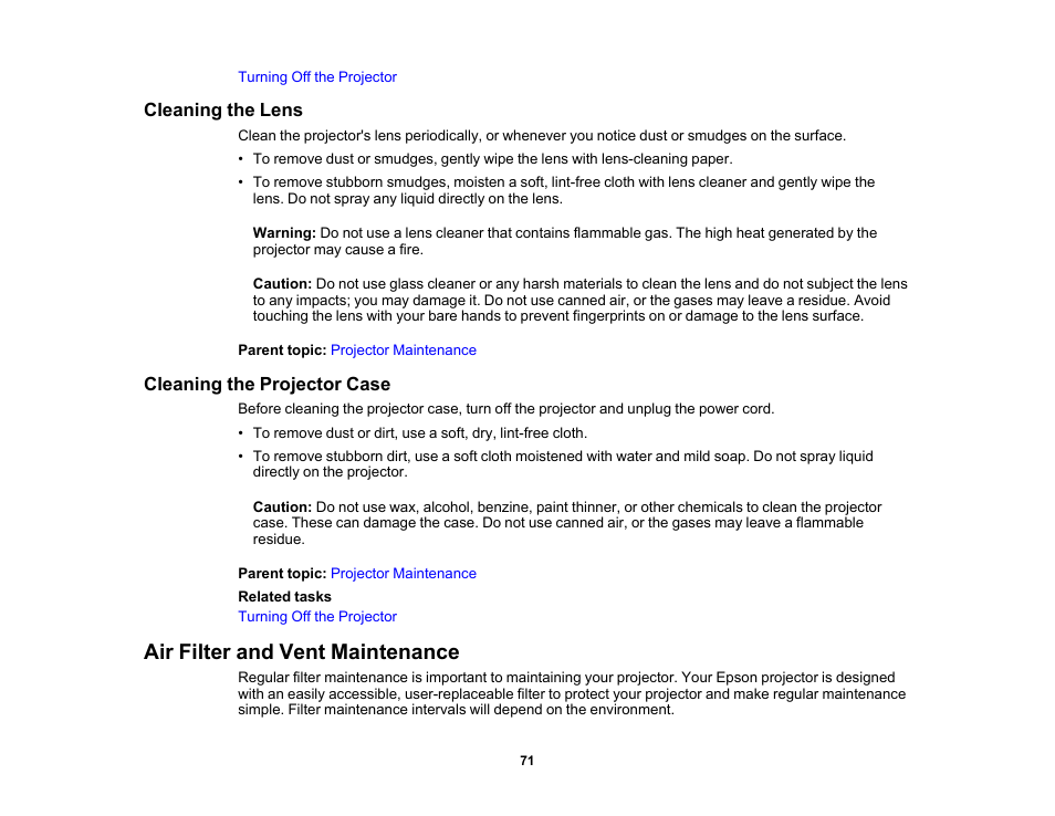 Cleaning the lens, Cleaning the projector case, Air filter and vent maintenance | Cleaning the lens cleaning the projector case | Epson EpiqVision Mini EF12 1000-Lumen Full HD Laser 3LCD Smart Projector with Wi-Fi User Manual | Page 71 / 120