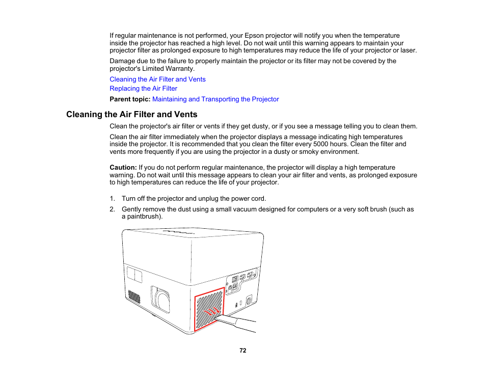 Cleaning the air filter and vents | Epson EpiqVision Mini EF12 1000-Lumen Full HD Laser 3LCD Smart Projector with Wi-Fi User Manual | Page 72 / 120