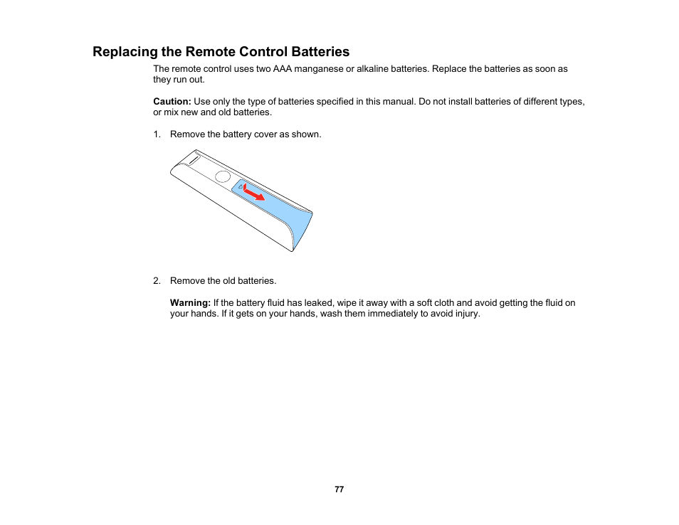 Replacing the remote control batteries | Epson EpiqVision Mini EF12 1000-Lumen Full HD Laser 3LCD Smart Projector with Wi-Fi User Manual | Page 77 / 120
