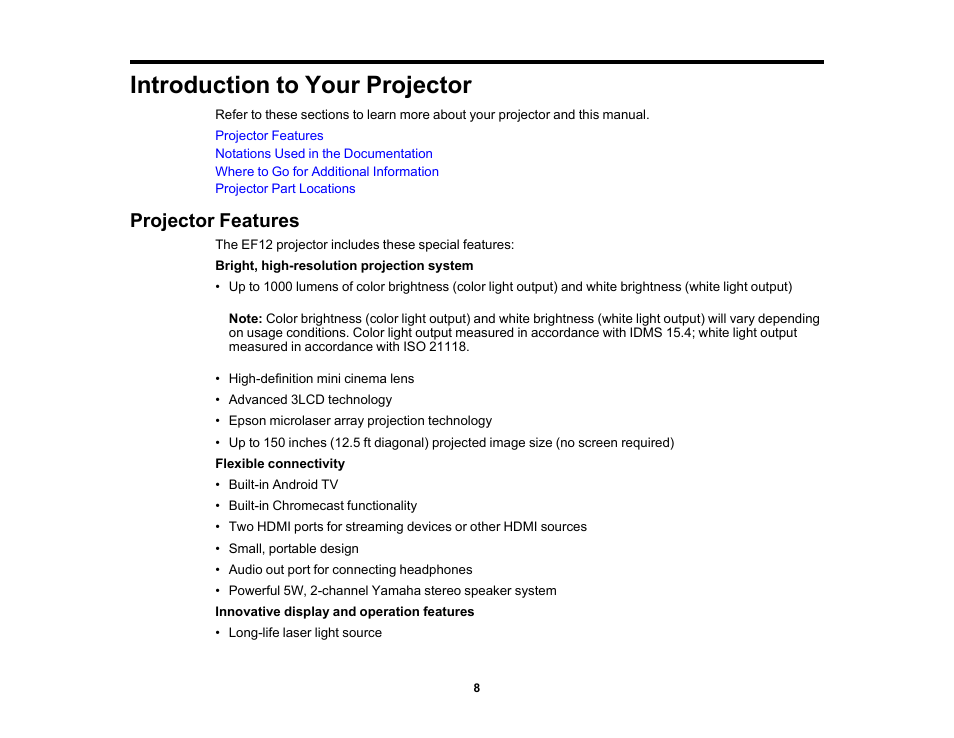 Introduction to your projector, Projector features | Epson EpiqVision Mini EF12 1000-Lumen Full HD Laser 3LCD Smart Projector with Wi-Fi User Manual | Page 8 / 120