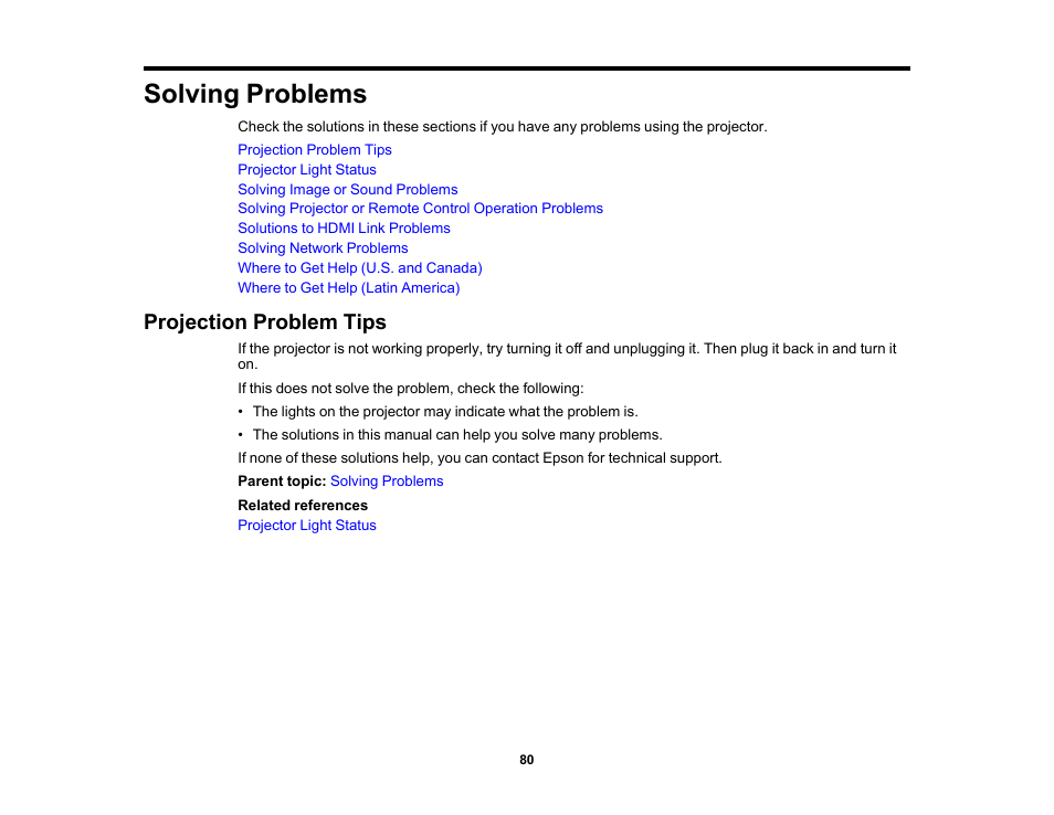 Solving problems, Projection problem tips | Epson EpiqVision Mini EF12 1000-Lumen Full HD Laser 3LCD Smart Projector with Wi-Fi User Manual | Page 80 / 120