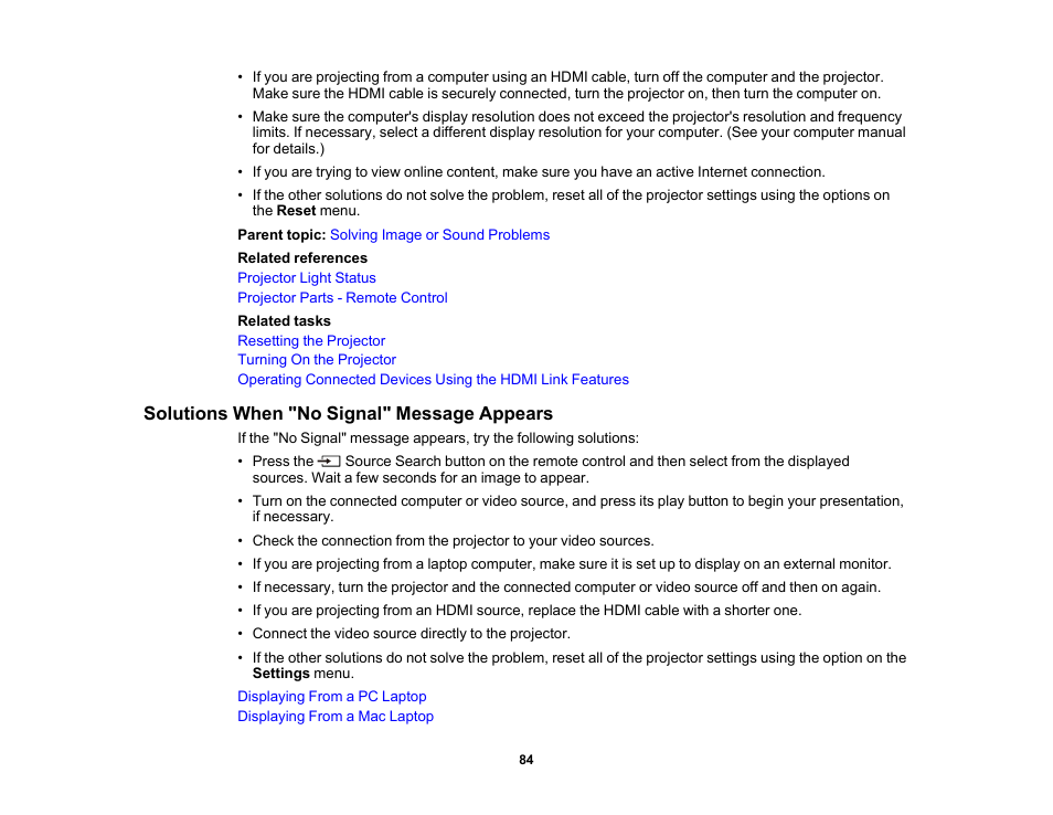 Solutions when "no signal" message appears | Epson EpiqVision Mini EF12 1000-Lumen Full HD Laser 3LCD Smart Projector with Wi-Fi User Manual | Page 84 / 120