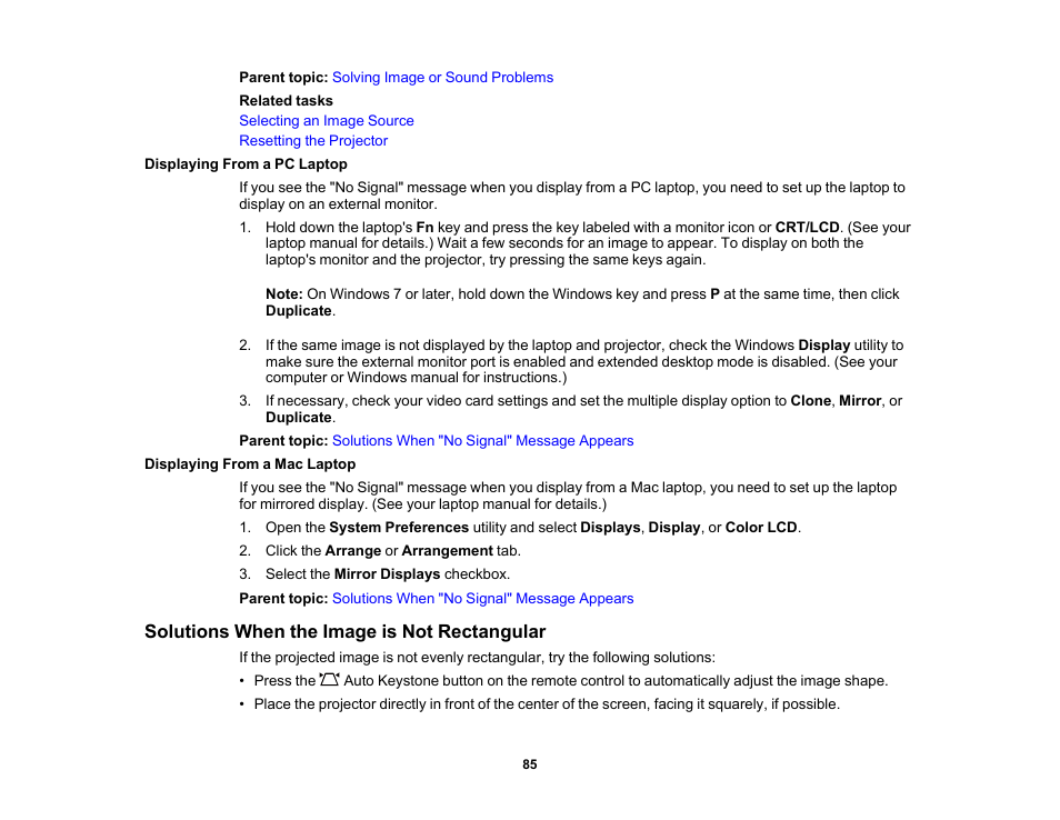 Displaying from a pc laptop, Displaying from a mac laptop, Solutions when the image is not rectangular | Epson EpiqVision Mini EF12 1000-Lumen Full HD Laser 3LCD Smart Projector with Wi-Fi User Manual | Page 85 / 120