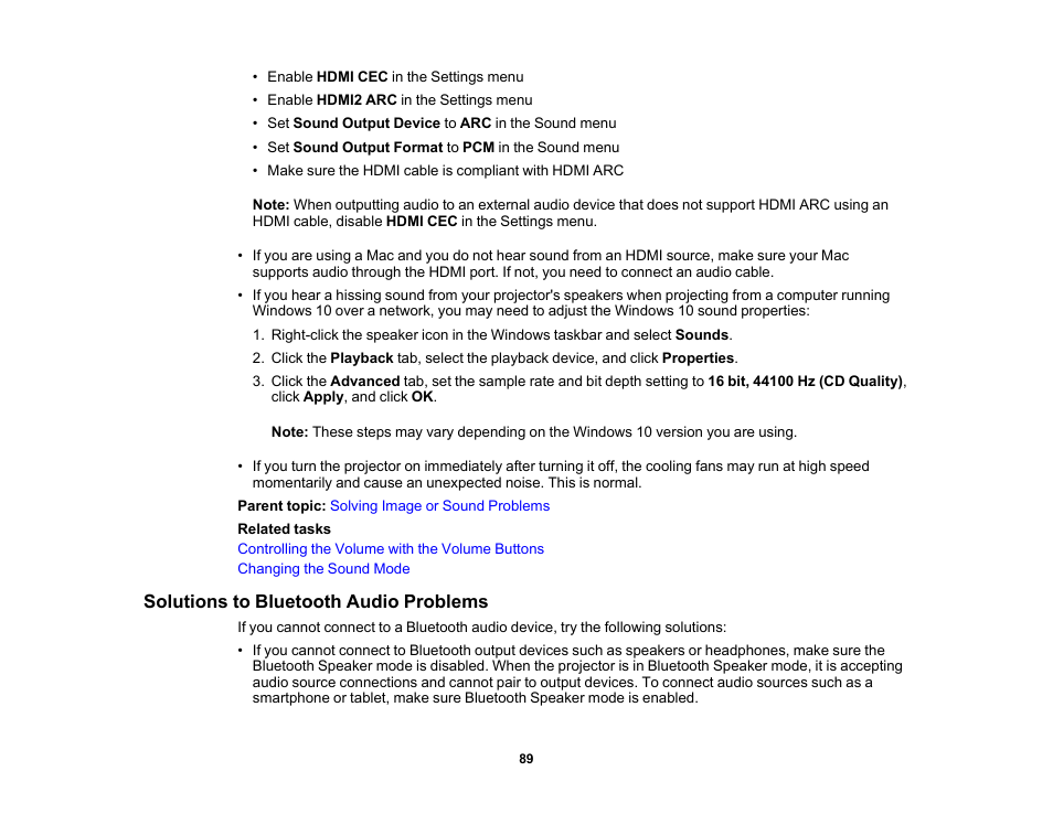 Solutions to bluetooth audio problems | Epson EpiqVision Mini EF12 1000-Lumen Full HD Laser 3LCD Smart Projector with Wi-Fi User Manual | Page 89 / 120