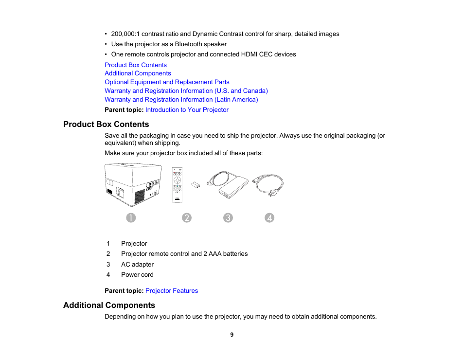 Product box contents, Additional components, Product box contents additional components | Epson EpiqVision Mini EF12 1000-Lumen Full HD Laser 3LCD Smart Projector with Wi-Fi User Manual | Page 9 / 120