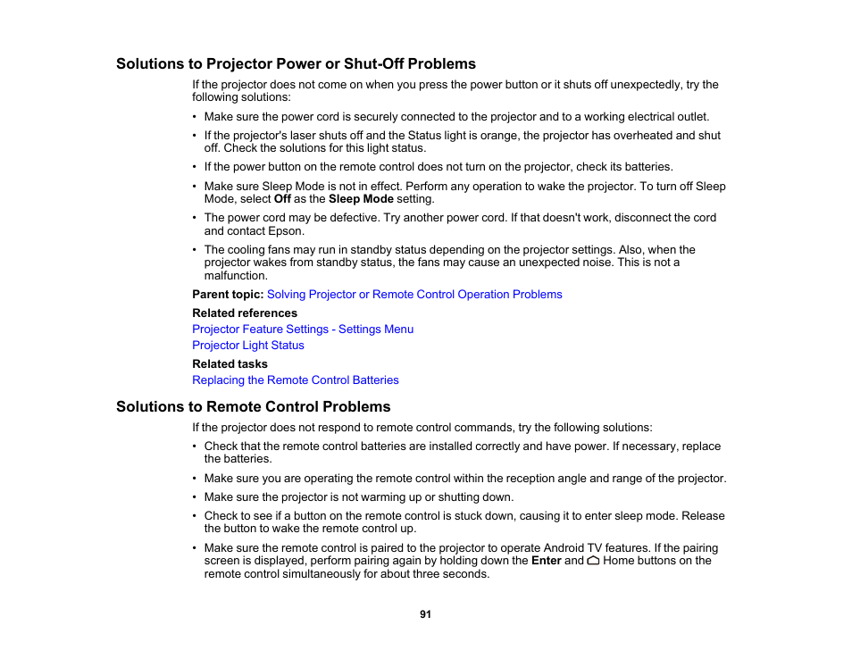 Solutions to projector power or shut-off problems, Solutions to remote control problems | Epson EpiqVision Mini EF12 1000-Lumen Full HD Laser 3LCD Smart Projector with Wi-Fi User Manual | Page 91 / 120
