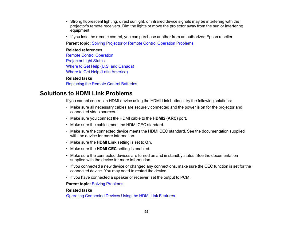 Solutions to hdmi link problems | Epson EpiqVision Mini EF12 1000-Lumen Full HD Laser 3LCD Smart Projector with Wi-Fi User Manual | Page 92 / 120