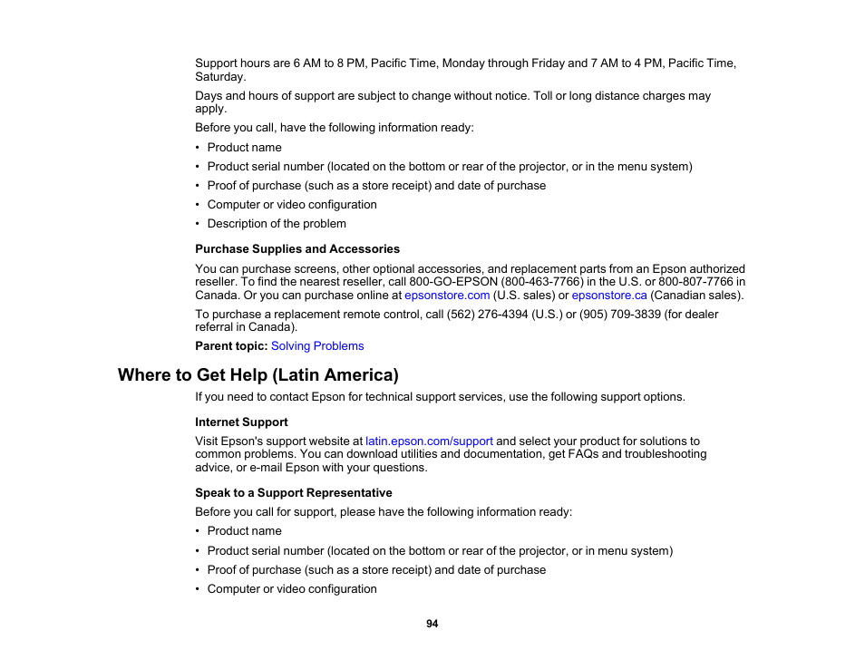 Where to get help (latin america) | Epson EpiqVision Mini EF12 1000-Lumen Full HD Laser 3LCD Smart Projector with Wi-Fi User Manual | Page 94 / 120