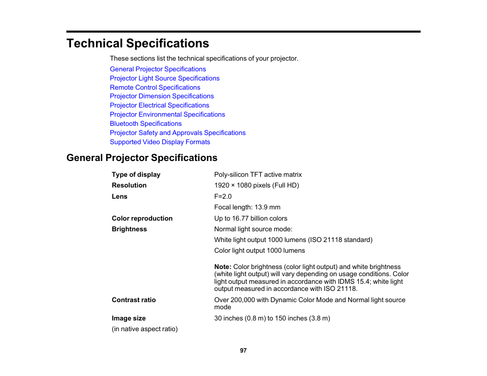 Technical specifications, General projector specifications | Epson EpiqVision Mini EF12 1000-Lumen Full HD Laser 3LCD Smart Projector with Wi-Fi User Manual | Page 97 / 120