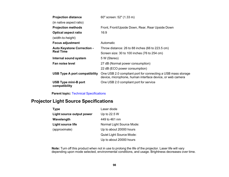 Projector light source specifications | Epson EpiqVision Mini EF12 1000-Lumen Full HD Laser 3LCD Smart Projector with Wi-Fi User Manual | Page 98 / 120