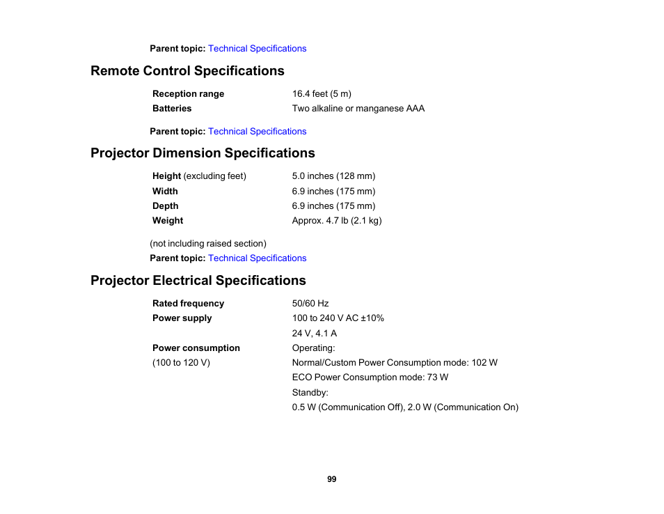 Remote control specifications, Projector dimension specifications, Projector electrical specifications | Epson EpiqVision Mini EF12 1000-Lumen Full HD Laser 3LCD Smart Projector with Wi-Fi User Manual | Page 99 / 120
