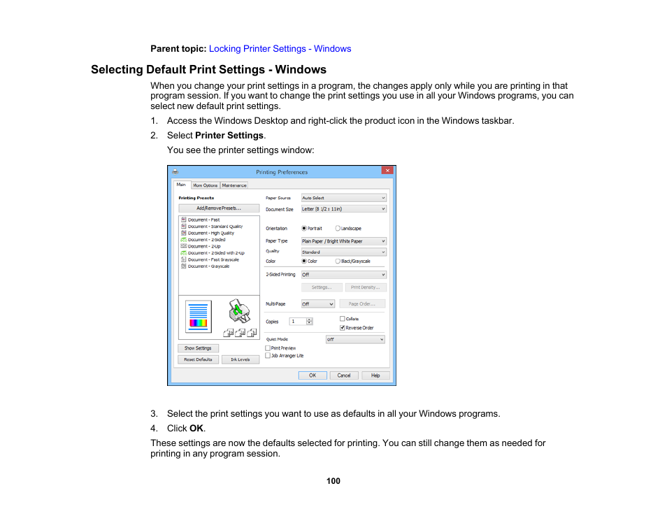 Selecting default print settings - windows | Epson WorkForce Pro WF-6090 Printer with PCL/PostScript User Manual | Page 100 / 252