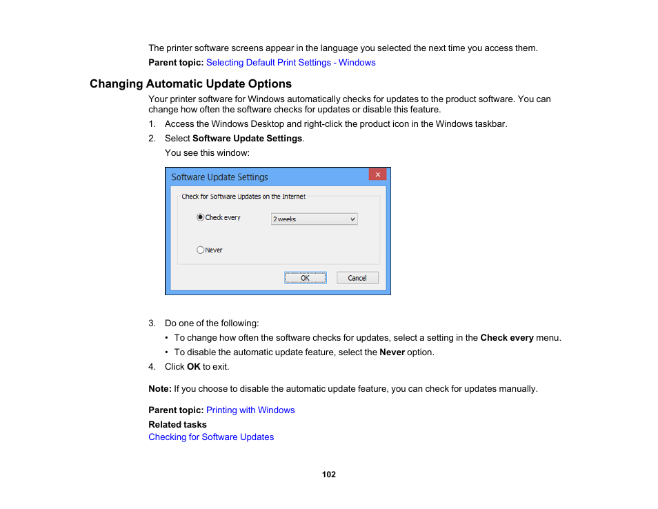 Changing automatic update options | Epson WorkForce Pro WF-6090 Printer with PCL/PostScript User Manual | Page 102 / 252