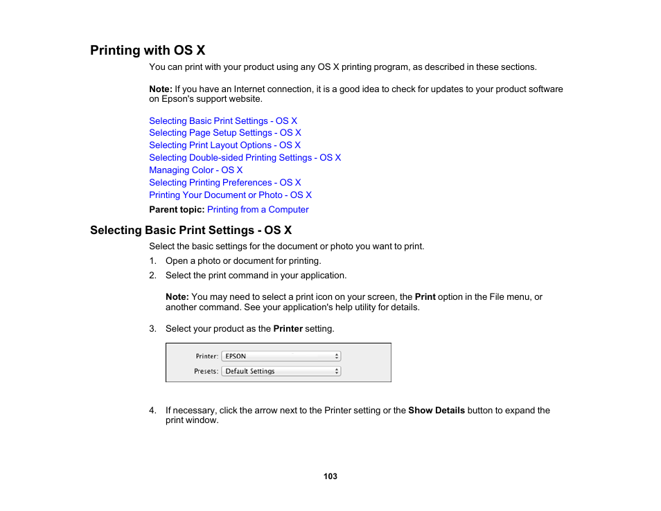 Printing with os x, Selecting basic print settings - os x | Epson WorkForce Pro WF-6090 Printer with PCL/PostScript User Manual | Page 103 / 252