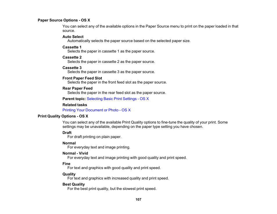 Paper source options - os x, Print quality options - os x | Epson WorkForce Pro WF-6090 Printer with PCL/PostScript User Manual | Page 107 / 252
