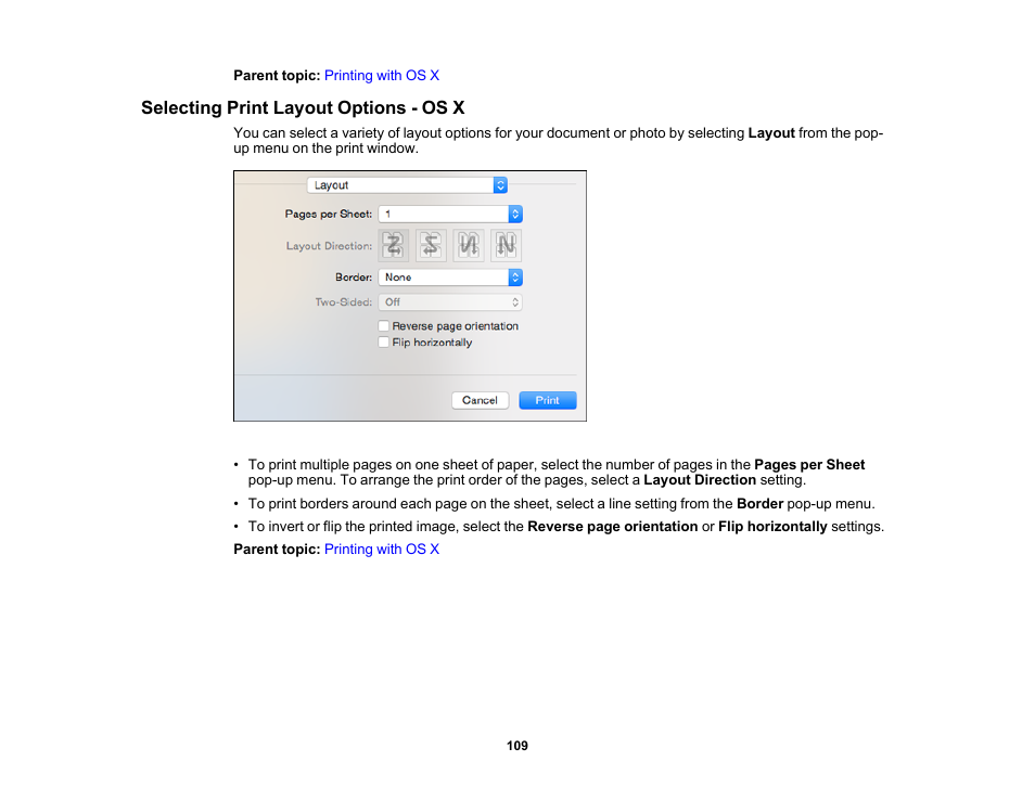 Selecting print layout options - os x | Epson WorkForce Pro WF-6090 Printer with PCL/PostScript User Manual | Page 109 / 252