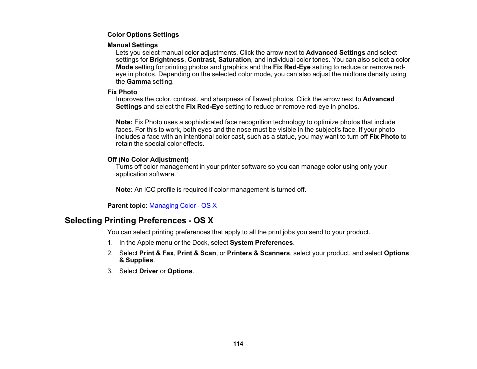 Selecting printing preferences - os x | Epson WorkForce Pro WF-6090 Printer with PCL/PostScript User Manual | Page 114 / 252