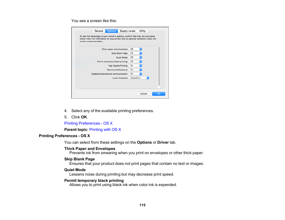 Printing preferences - os x | Epson WorkForce Pro WF-6090 Printer with PCL/PostScript User Manual | Page 115 / 252