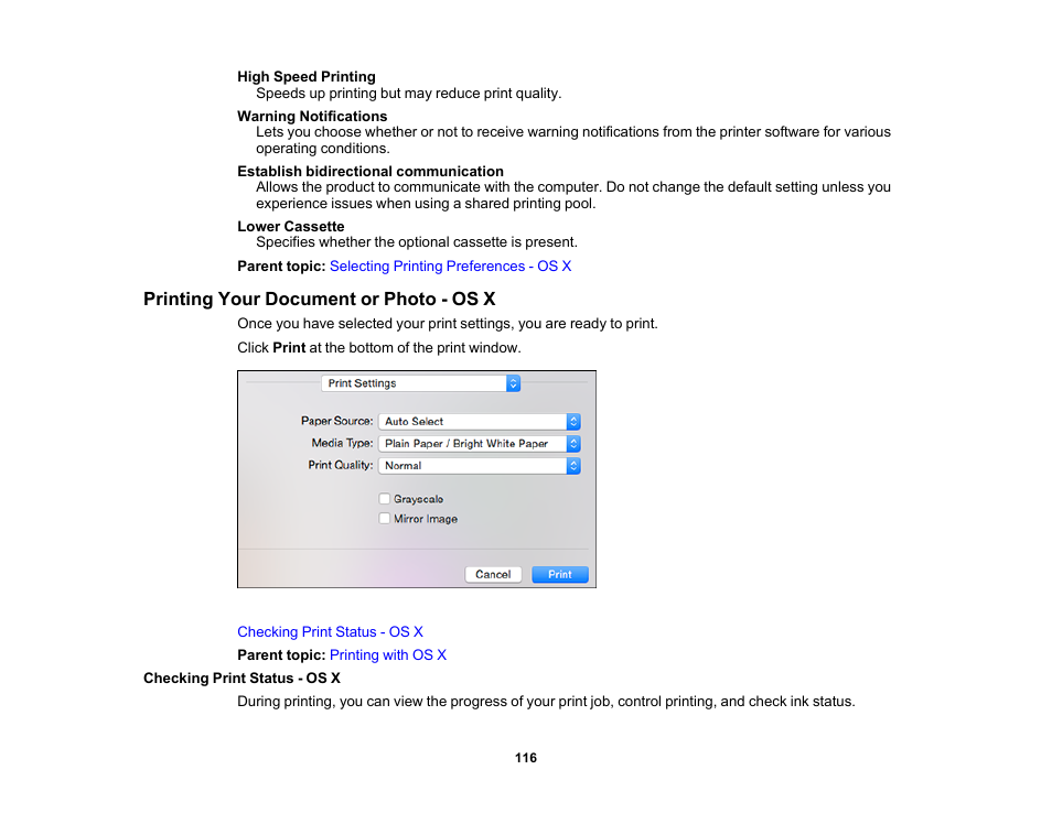 Printing your document or photo - os x, Checking print status - os x | Epson WorkForce Pro WF-6090 Printer with PCL/PostScript User Manual | Page 116 / 252