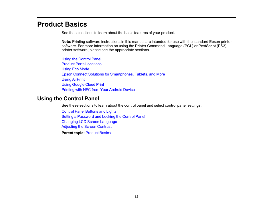 Product basics, Using the control panel | Epson WorkForce Pro WF-6090 Printer with PCL/PostScript User Manual | Page 12 / 252