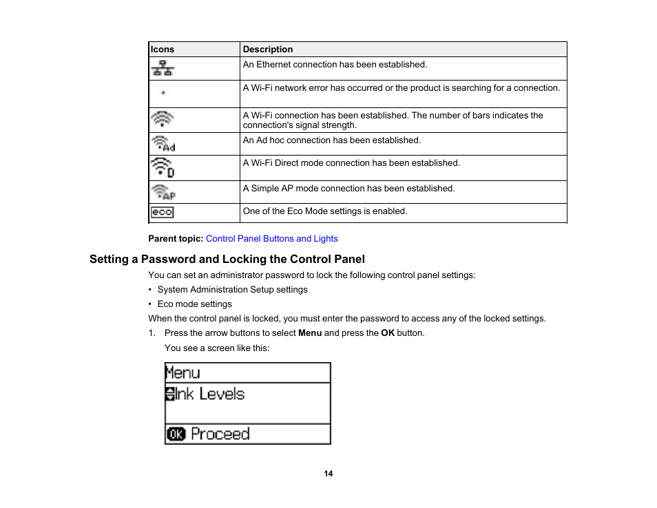 Setting a password and locking the control panel | Epson WorkForce Pro WF-6090 Printer with PCL/PostScript User Manual | Page 14 / 252